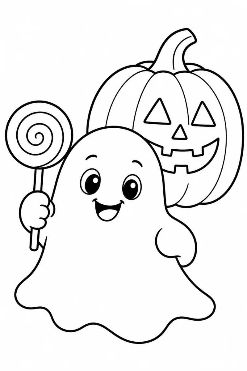Halloween Preschool Coloring Pages – Friendly Ghost with a Lollipop