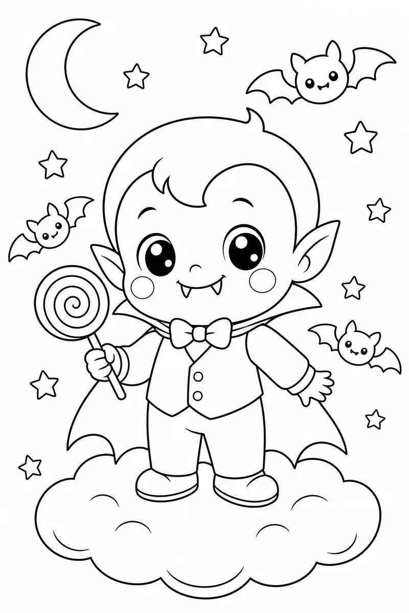 Cute Halloween Coloring Pages Printable – Kawaii Baby Vampire with Lollipop on a Cloud