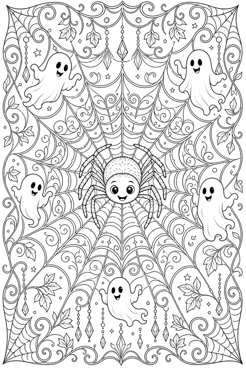 Full Size Printable Halloween Coloring Pages – Decorative Spider Web with Ghosts