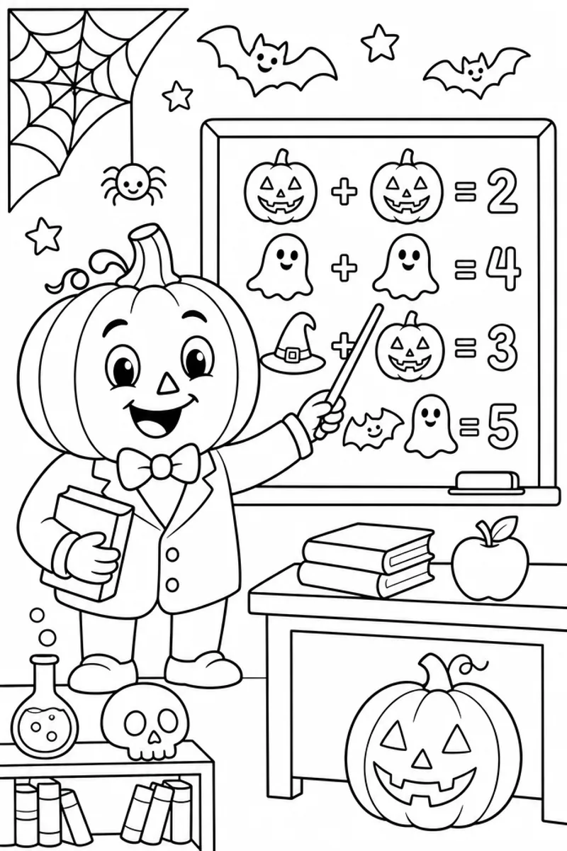 Halloween Math Coloring Pages – Smiling Pumpkin Teacher at a Spooky Classroom Chalkboard