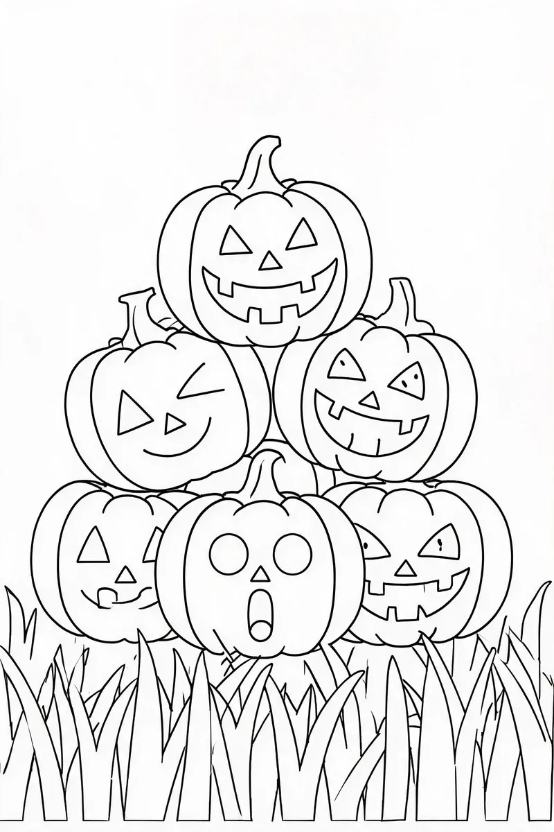 Coloring Pages for Halloween Pumpkins – Cheerful Carved Pumpkin Pile in a Harvest Field