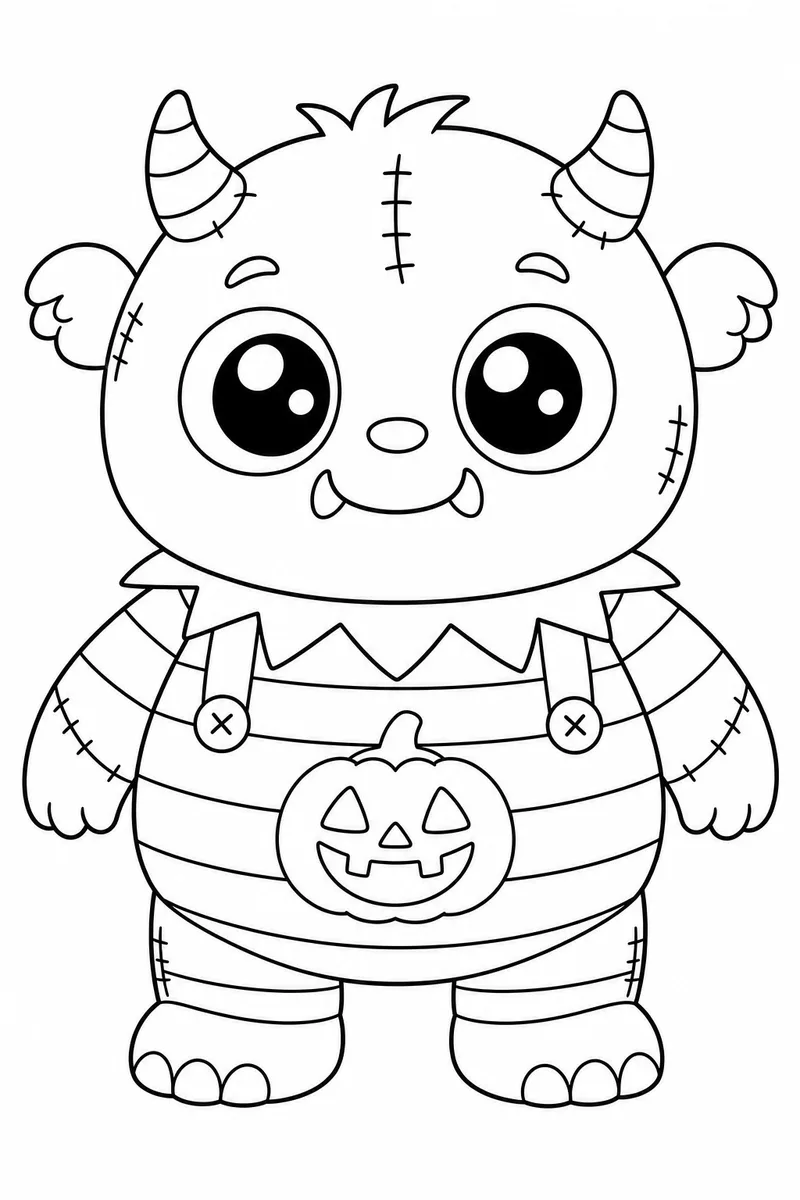 Halloween Labubu Coloring Page – Chubby Round Monster Doll with Oversized Eyes and Striped Halloween Outfit
