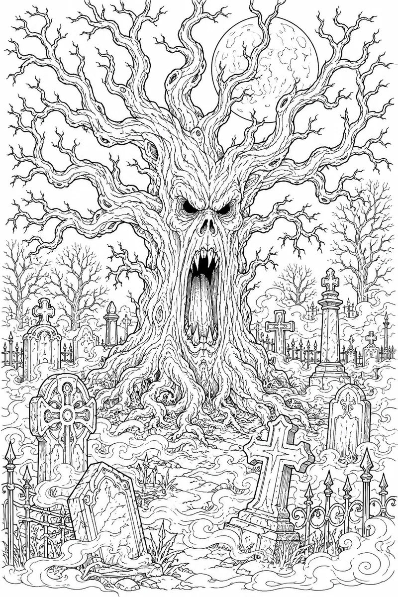 Halloween Coloring Pages That Are Scary – Screaming Gnarled Tree Over Foggy Graveyard