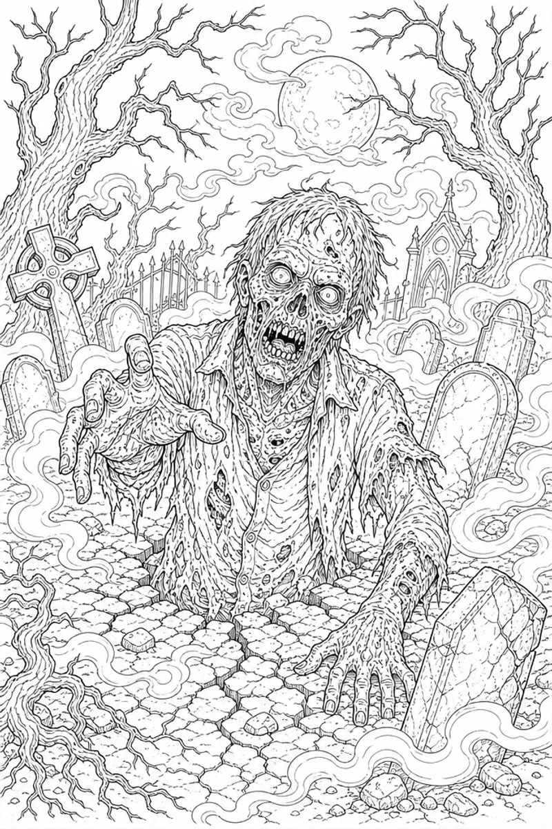 Scary Coloring Pages for Halloween – Zombie Rising in a Foggy Graveyard