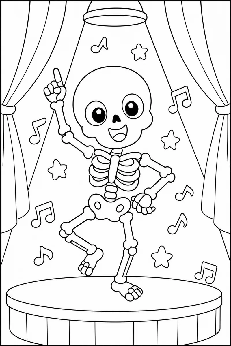 Cute Halloween Color Pages – Cheerful Skeleton Dancing on a Spotlight Stage