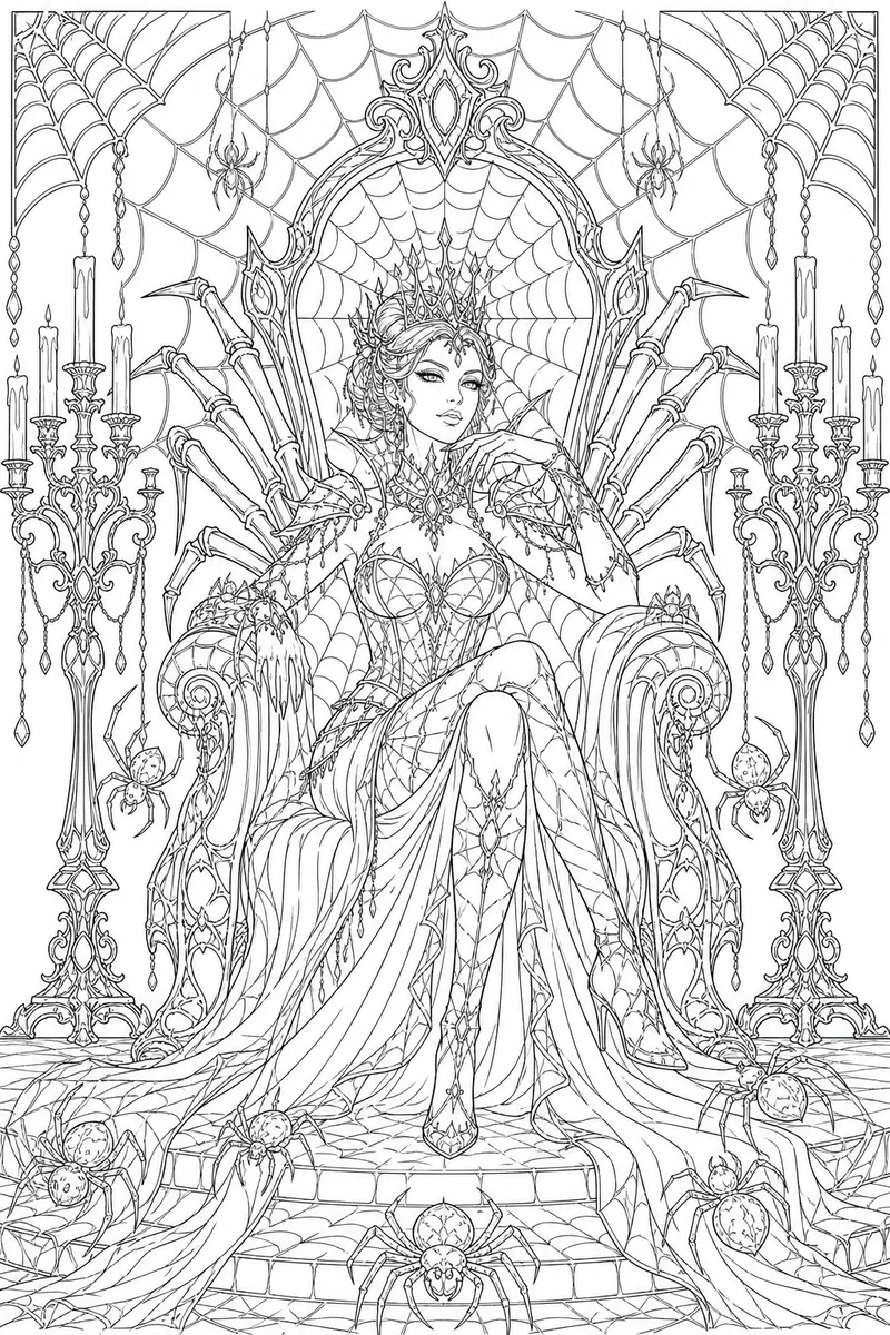 Spider Queen on Web-Covered Throne Coloring Page