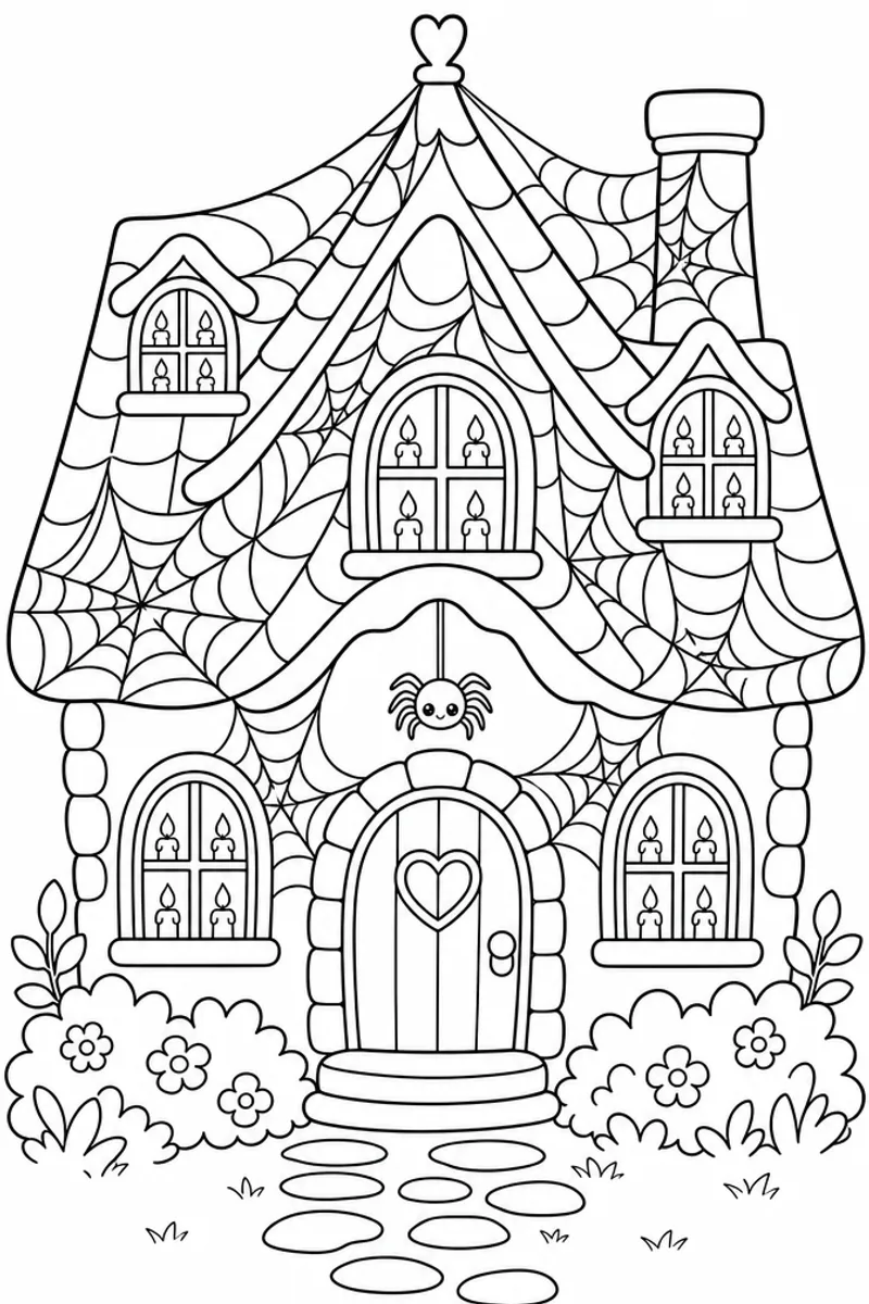 Spider Web Halloween Cottage Coloring Page