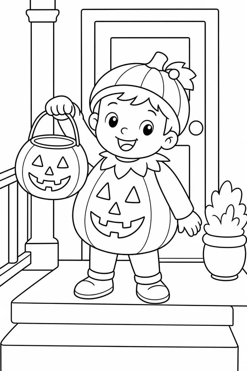 Childrens Halloween Coloring Pages – Toddler in Pumpkin Costume Trick-or-Treating on a Porch