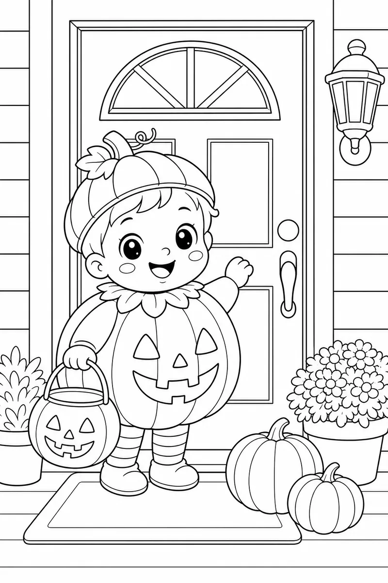 Halloween Coloring Pages for Toddlers – Smiling Child in Pumpkin Costume