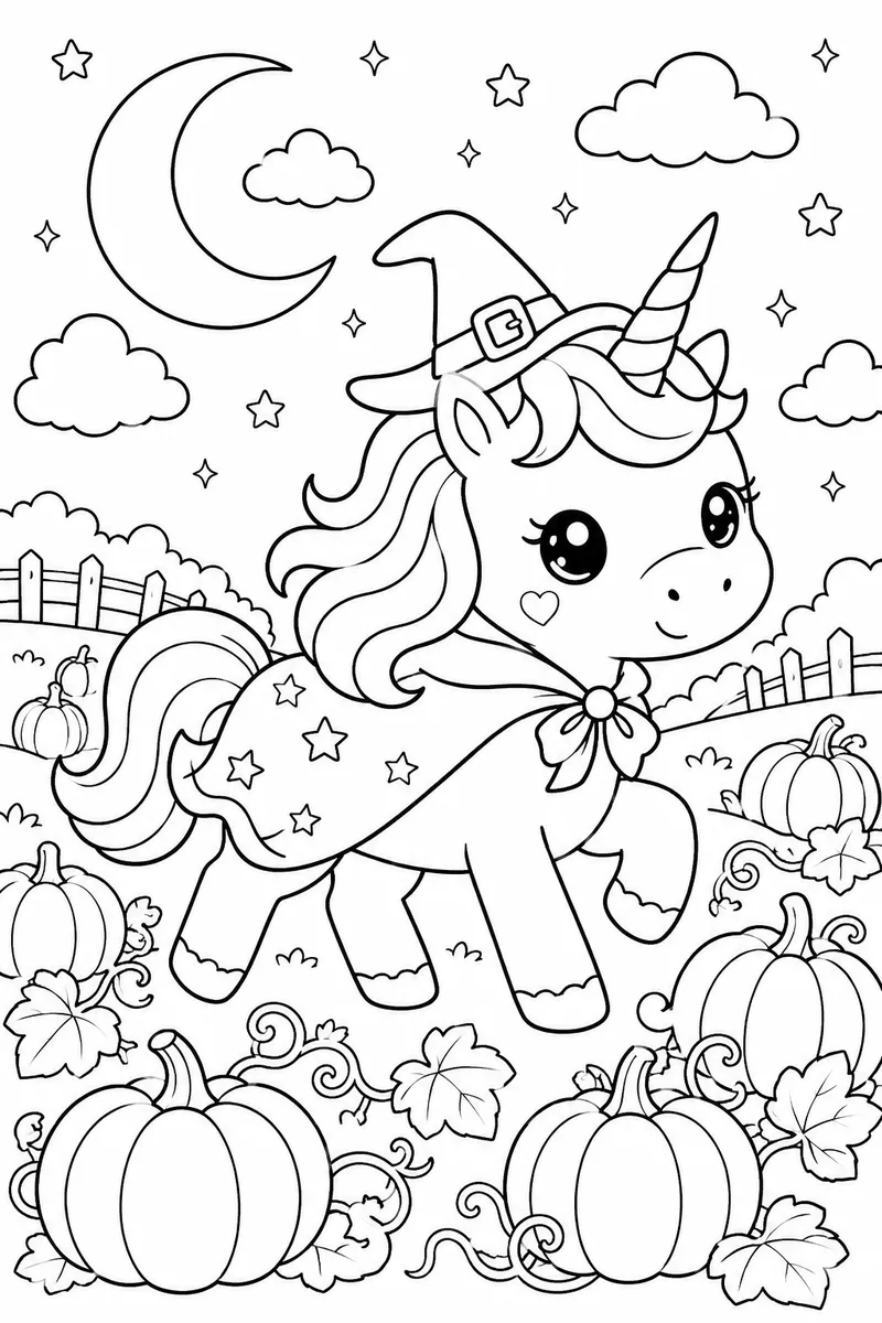 Halloween Unicorn Coloring Page – Unicorn in Witch Hat Trotting Through Pumpkin Field