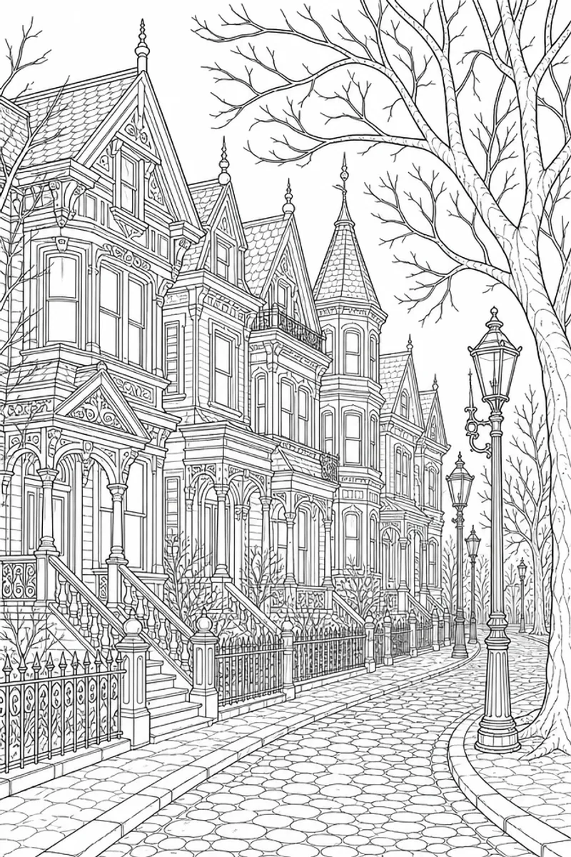 Vintage Halloween Coloring Pages – Victorian Haunted Street with Lantern-Lit Cobblestones