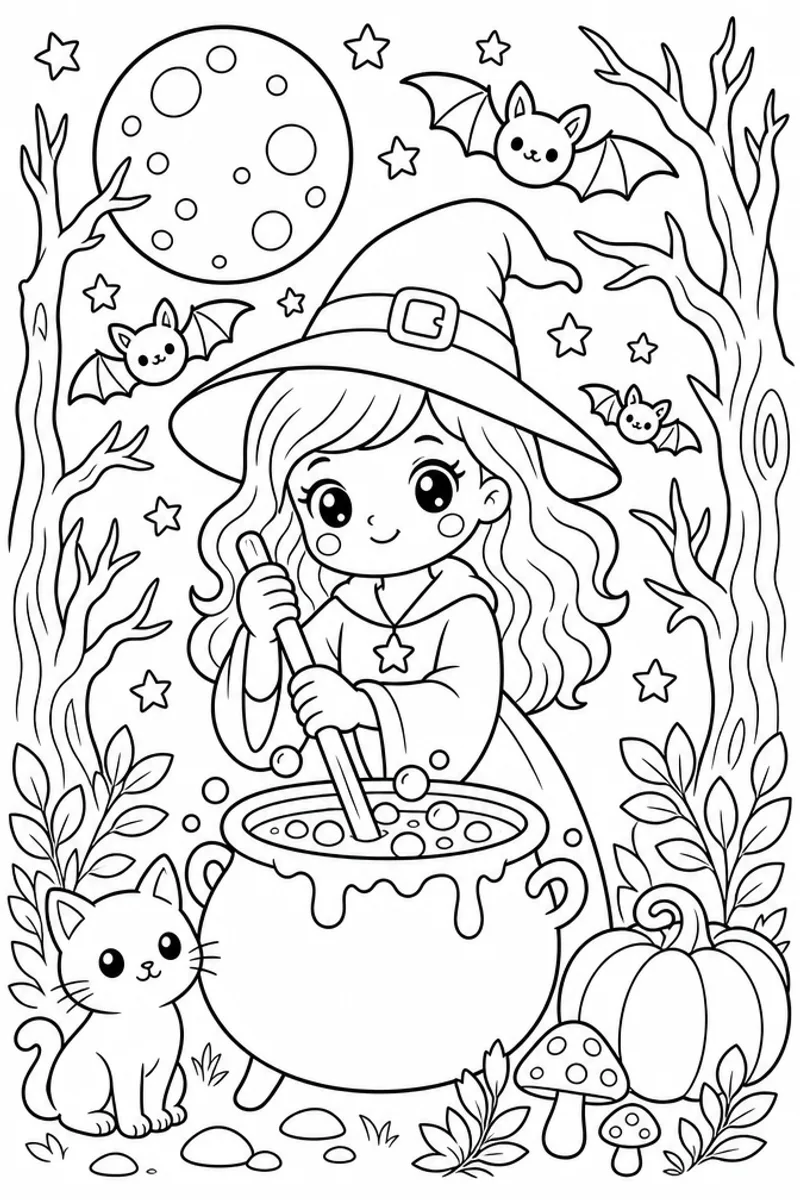 Cute Halloween Coloring Pages – Witch Stirring a Bubbling Cauldron