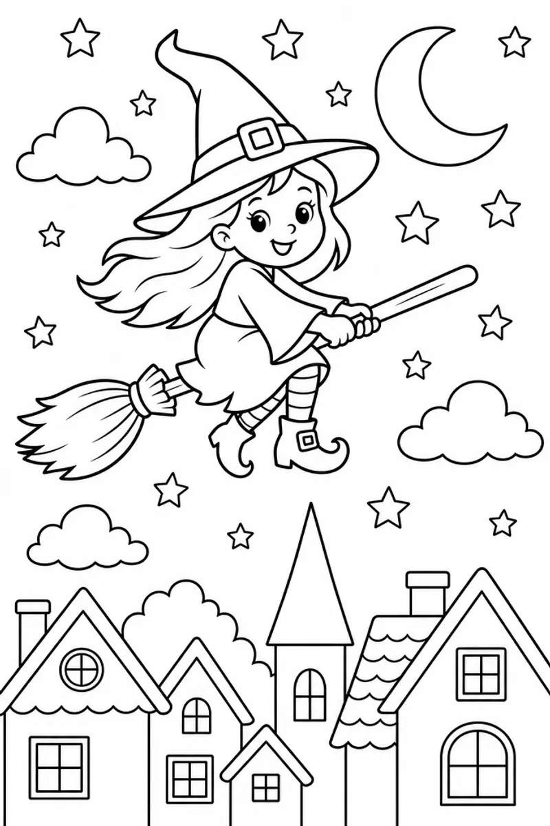 Coloring Pages Halloween Witch – Pointy-Hat Witch Flying Over Rooftops