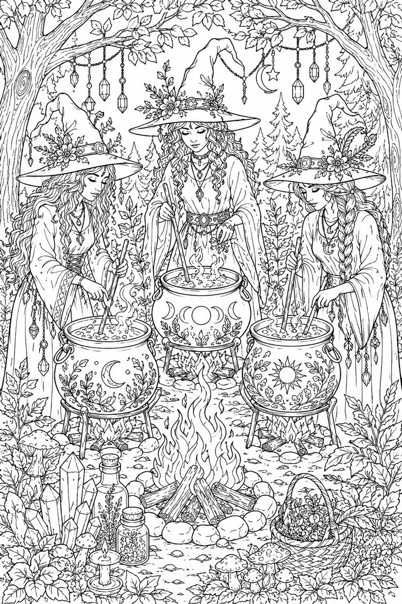 Halloween Witches Coloring Pages – Three Witches Stirring Cauldrons by Firelight