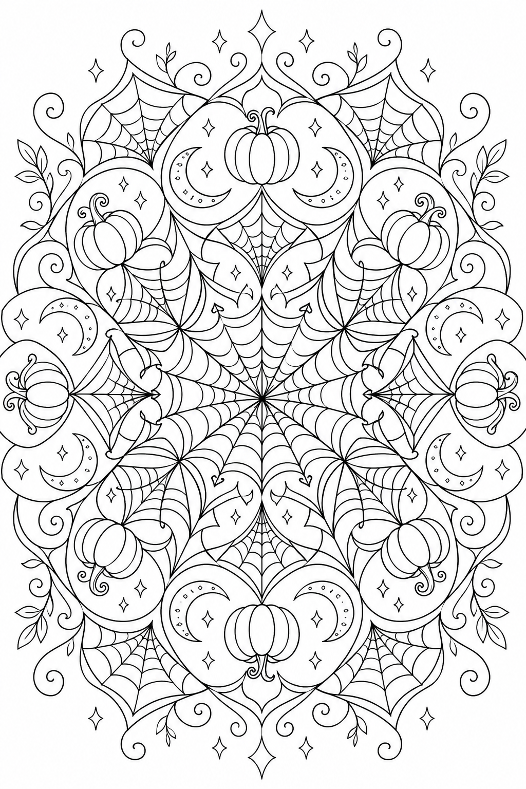 Halloween Mandala Coloring Pages – Symmetrical Spider Web and Pumpkin Mandala Design