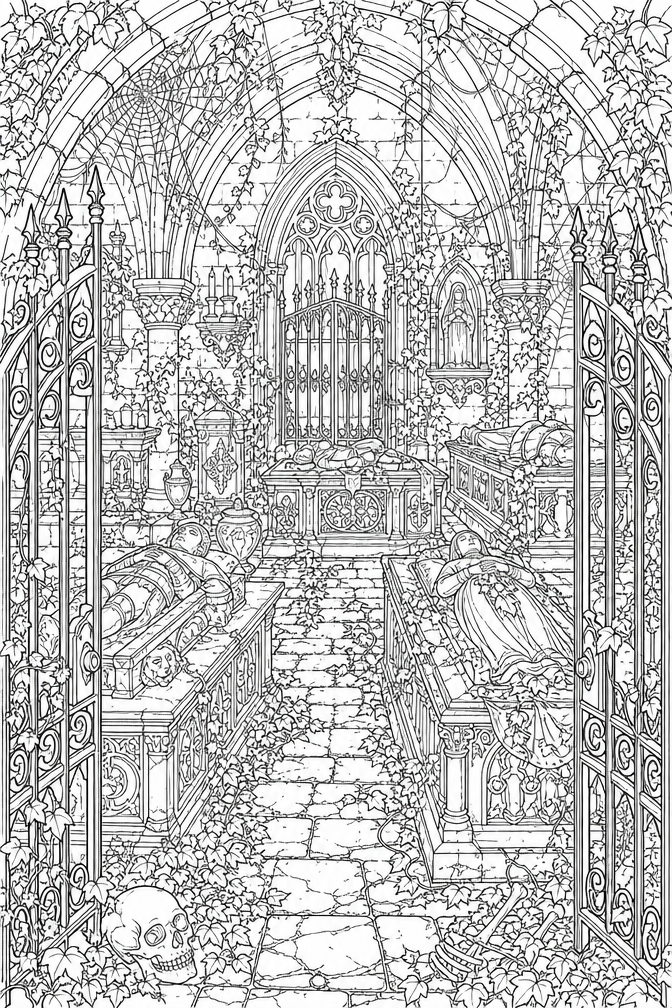 Difficult Halloween Coloring Pages – Densely Detailed Crypt Interior with Iron Gates and Cobwebs