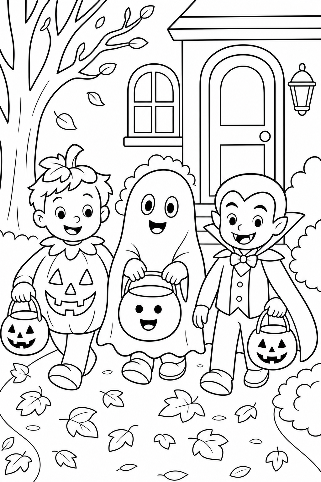 Halloween Coloring Pages for Kids – Children Trick-or-Treating in Costumes