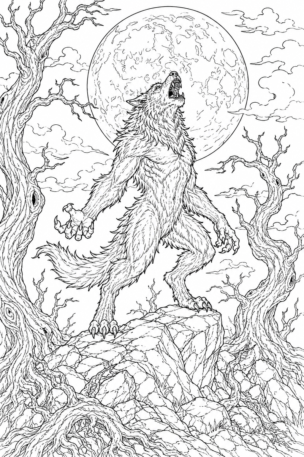 Scary Halloween Coloring Pages – Werewolf Howling at the Full Moon