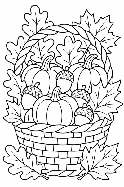 Fall and Halloween Coloring Pages – Acorns, Mini Pumpkins, and Fall Leaves in a Woven Basket
