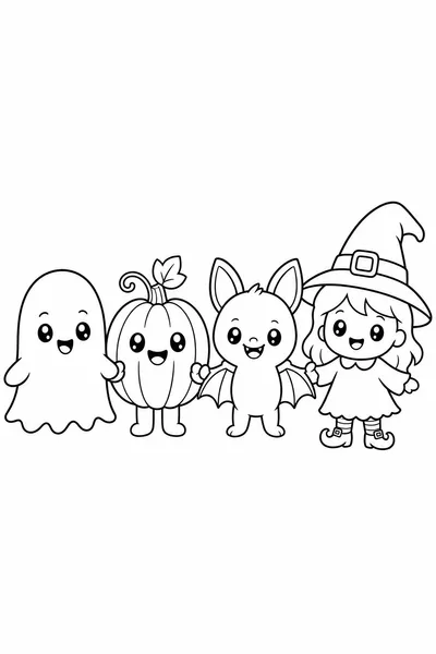 Cute Adorable Halloween Coloring Pages – Four Tiny Monsters Holding Hands in a Row