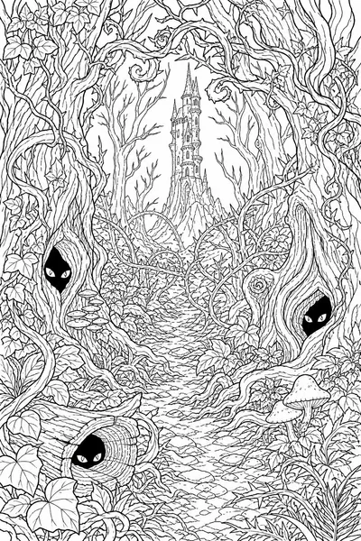 Free Halloween Coloring Pages for Adults – Intricate Dark Forest with Glowing Eyes and Distant Tower