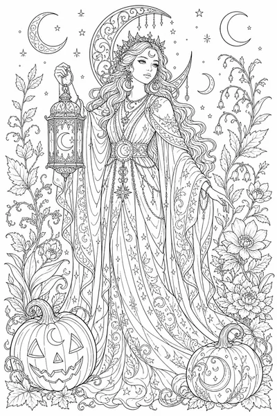 Halloween Coloring Pages for Adults Printable – Moon Goddess with Lantern and Botanicals
