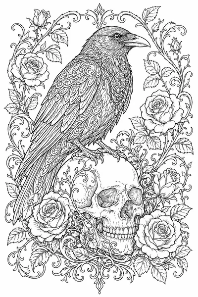 Free Printable Halloween Coloring Pages for Adults – Ornate Raven on a Skull with Roses