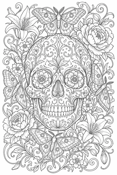 Halloween Coloring Book for Adults – Ornate Skull Covered in Flowers, Moths, and Vines