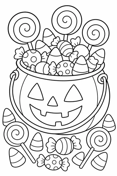Halloween Candy Coloring Pages – Overflowing Trick-or-Treat Bucket with Sweets