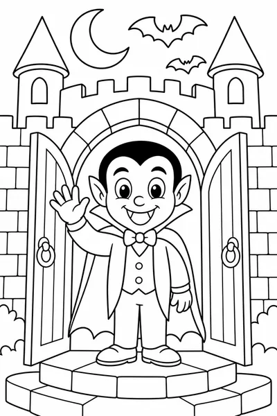 Cartoon Halloween Coloring Pages – Big-Eyed Dracula Waving from His Castle