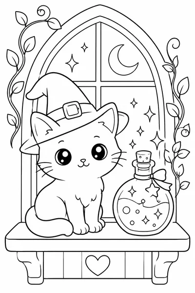 Halloween Cat Color Page – Cute Cat in a Witch Hat by a Potion Bottle