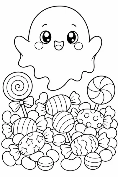 Halloween Squishmallow Coloring Pages – Chubby Ghost with Candy