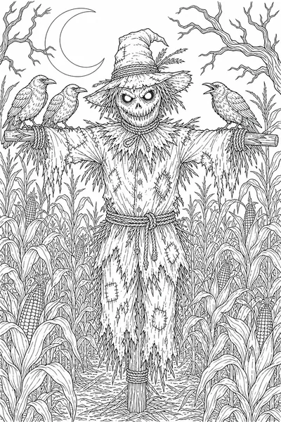 Creepy Halloween Coloring Pages – Sinister Scarecrow in a Dark Cornfield