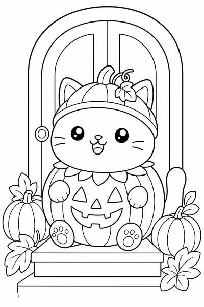 Cute Halloween Coloring Pages for Adults – Kawaii Cat in a Pumpkin Costume on a Doorstep