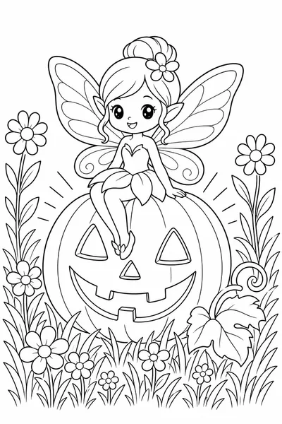 Free Printable Cute Halloween Coloring Pages – Tiny Fairy on a Glowing Jack-o-Lantern
