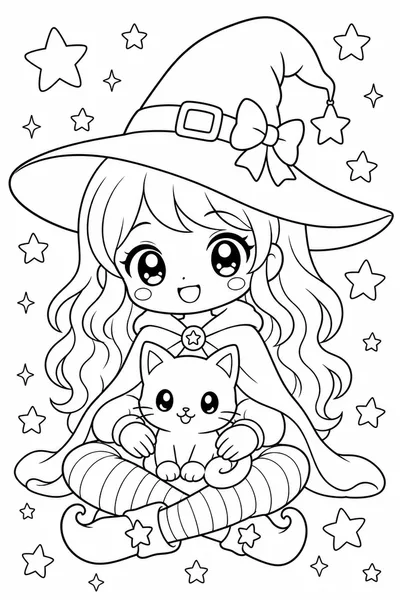 Halloween Coloring Pages Cute Free – Chibi Witch with Kitten in a Starry Scene