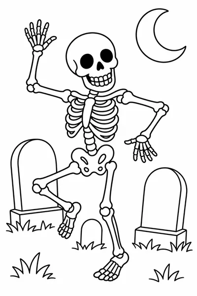 Halloween Coloring Pages Skeleton – Dancing Skeleton in a Moonlit Graveyard