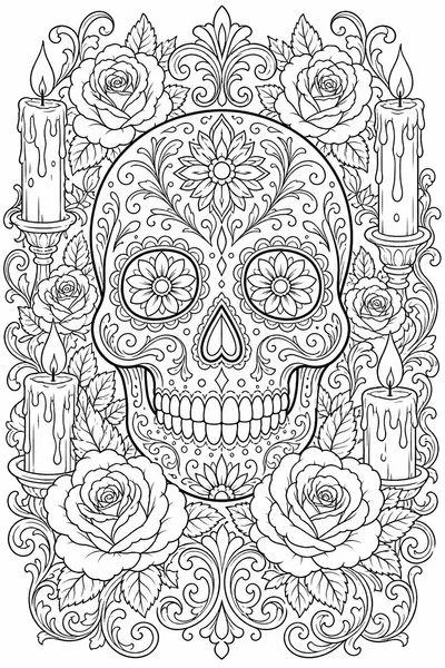 Detailed Halloween Coloring Pages – Sugar Skull with Dripping Candles, Roses, and Scrollwork