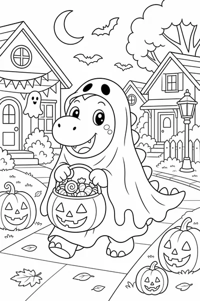 Dinosaur Halloween Coloring Pages – Cute Dino in Ghost Costume Trick-or-Treating