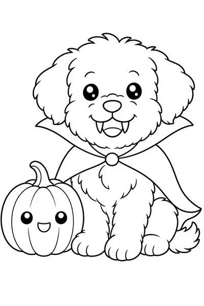 Dog Halloween Coloring Pages – Fluffy Dog in Vampire Cape Beside a Pumpkin