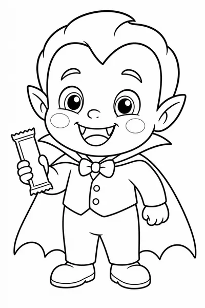 Easy Cute Halloween Coloring Pages – Baby Dracula with a Candy Bar