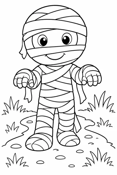 Easy Halloween Color Pages – Simple Smiling Mummy on a Grassy Path