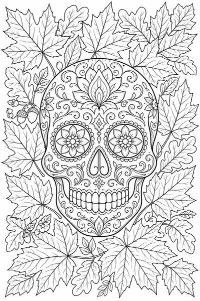 Fall Halloween Coloring Pages – Ornate Sugar Skull Surrounded by Autumn Maple and Oak Leaves