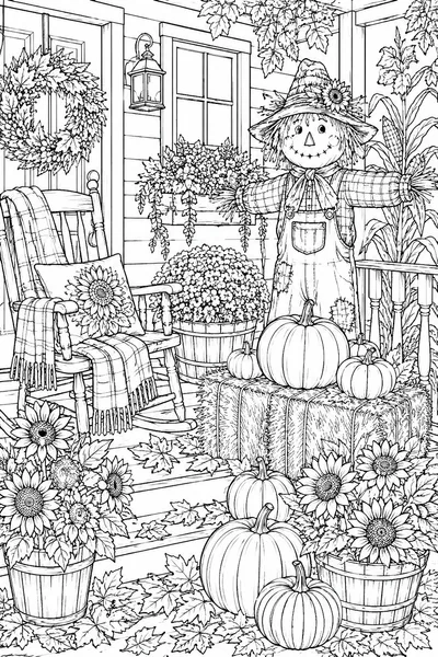 Coloring Pages for Fall and Halloween – Cozy Autumn Porch with Pumpkins and Scarecrow