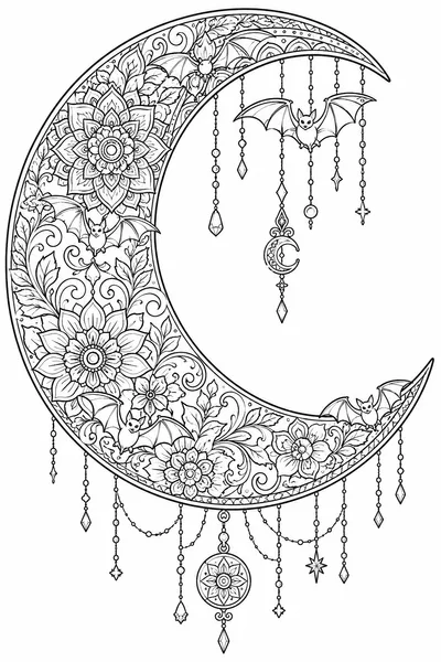 Hanna Karlzon Halloween Coloring Book – Crescent Moon Filled with Floral Mandala Patterns and Tiny Bats