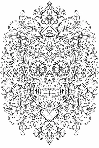 Floral Sugar Skull Mandala Coloring Page