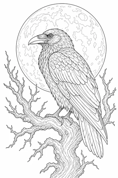 Free Adult Halloween Coloring Pages – Raven on a Gnarled Branch in Front of a Full Moon