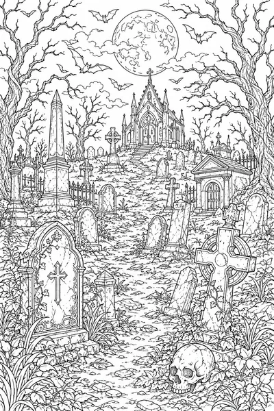 Full Page Halloween Coloring Pages – Moonlit Graveyard with Tombstones and Bats