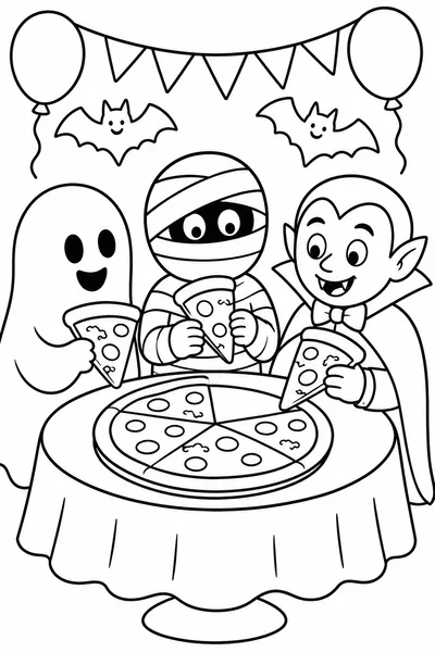 Fun Halloween Coloring Pages – Ghost, Mummy, and Vampire Sharing a Pizza