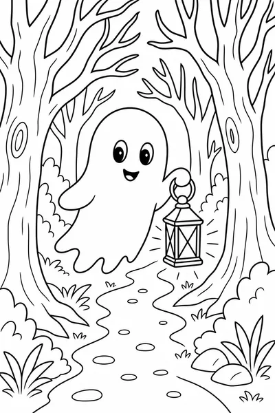 Pages to Color for Halloween – Friendly Ghost Floating Down a Forest Path with a Glowing Lantern